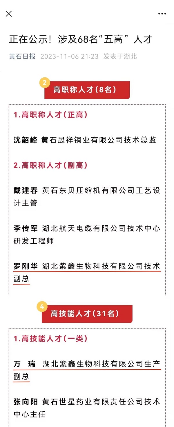 喜報(bào)：紫鑫生物2名副總榮獲黃石開發(fā)區(qū)·鐵山區(qū)第六批產(chǎn)業(yè)“五高”人才